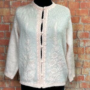 Vintage Pink and Cream Women's Cardigan Sweater